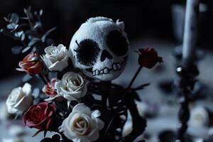 AI generated Skull and roses on the background of the curtain. Halloween concept photo