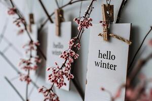 AI generated Wooden signboard with the inscription Hello winter photo