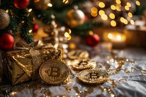 AI generated Bitcoin gold coin on the background of the Christmas tree. Cryptocurrency concept. photo