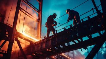 AI generated Industrial workers are welding steel structure at construction site in the evening. photo