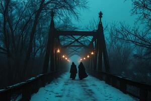 ai generado Pareja caminando en el puente en un brumoso invierno día. foto