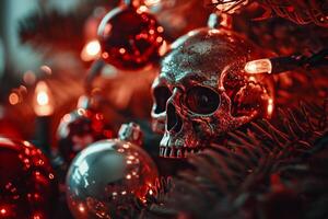 AI generated Skull and Christmas decoration. Selective focus. Holiday concept. photo