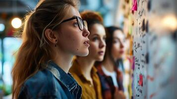 AI generated portrait of young female student looking at whiteboard in lecture hall photo