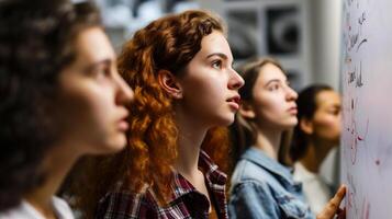 AI generated portrait of young female student looking at whiteboard in lecture hall photo