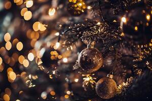 AI generated Christmas and New Year holidays background with bokeh lights and fir tree branches photo