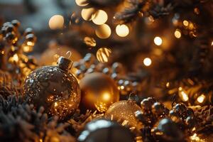 ai generado Navidad y nuevo año Días festivos antecedentes con bokeh luces y abeto árbol ramas foto