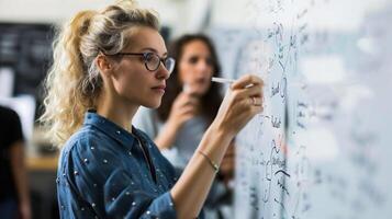 AI generated Portrait of young businesswoman writing on flipchart in modern office photo