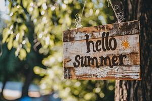 AI generated Wooden signboard with the text Hello Summer hanging on a tree photo