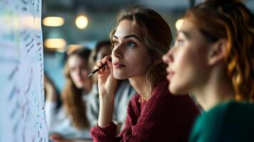 AI generated portrait of young female student looking at whiteboard in lecture hall photo