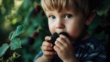 AI generated Cute little boy eating blackberries in the kitchen. Healthy food for children. photo