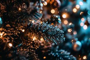 AI generated Christmas and New Year holidays background with bokeh lights and fir tree branches photo