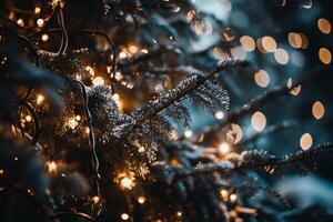 AI generated Christmas and New Year holidays background with bokeh lights and fir tree branches photo