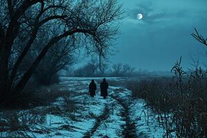 AI generated Silhouette of three women in the fog in a cornfield photo