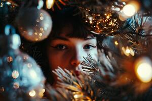 ai generado de cerca retrato de un hermosa niña en un antecedentes de un Navidad árbol foto