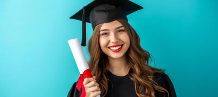 ai generado radiante graduado agarrando diploma en sorprendentes azul antecedentes estudio Disparo con Copiar espacio foto