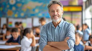 ai generado sonriente masculino profesor en salón de clases con elemental colegio estudiantes aprendizaje en el antecedentes foto