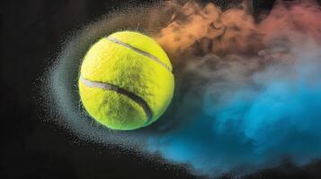 ai generado vibrante tenis pelota emergente desde un nube de vistoso fumar en un negro antecedentes foto