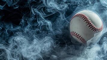ai generado vibrante fumar arremolinándose alrededor un béisbol pelota, aislado en un dramático negro antecedentes foto
