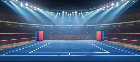 AI generated Empty boxing ring in arena, combat sports concept, copy space available, no audience photo