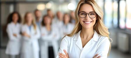 AI generated Scientist in lab coat and glasses in modern medical lab with team on blurred background photo