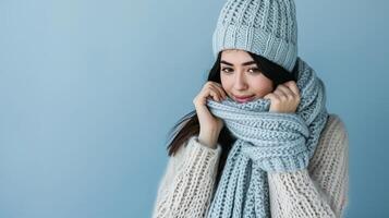 AI generated Smiling woman with scarf and knitted hat, isolated on pastel background with copy space photo