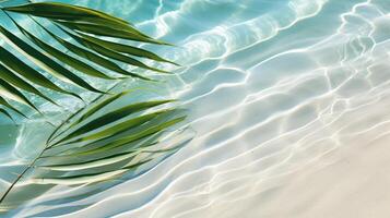 ai generado parte superior ver de tropical hoja sombra en agua superficie, resumen antecedentes para playa vacaciones en verano. foto