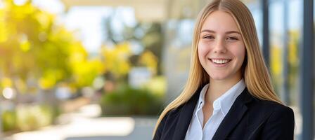 AI generated Beautiful young business woman outdoors with blurred business center background and copy space photo