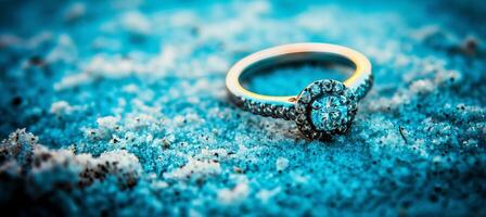 AI generated Solitary diamond engagement ring on sandy beach shore with panoramic view and copy space photo