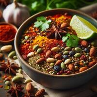 AI generated Curry Masala Powder with ingredients, this is a common spice ,curry powder in Indian kitchen photo