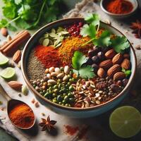 AI generated Curry Masala Powder with ingredients, this is a common spice ,curry powder in Indian kitchen photo