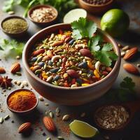 AI generated Curry Masala Powder with ingredients, this is a common spice ,curry powder in Indian kitchen photo