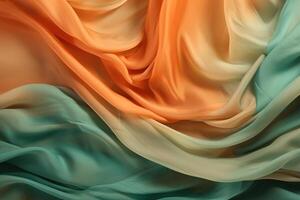 AI generated Orange and green fabric organza background, texture waves place for text photo