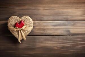 AI generated Concept of love and romance, gift box in the shape of a heart on a wooden background photo