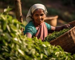 AI generated Sri Lankan woman working at tea plantation. photo
