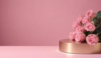 AI generated pink roses in a gold vase on a pink background photo