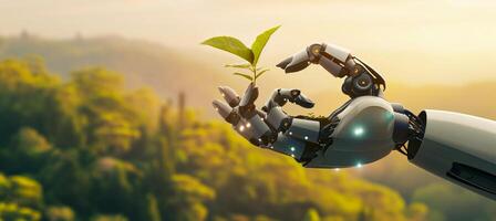 AI generated Robot hand nurturing young plant in green forest   sustainable agriculture meets ai photo