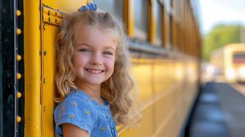 ai generado alegre elemental colegio niña con un grande sonrisa, emocionado y Listo a tablero el colegio autobús foto