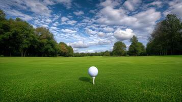 ai generado colocación golf pelota en tee a pintoresco golf curso con panorámico ver y Copiar espacio foto