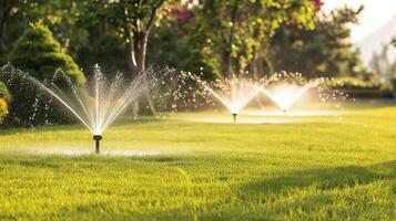 ai generado eficiente automático aspersor sistema riego el lozano verde césped en un hermosamente ajardinado jardín foto