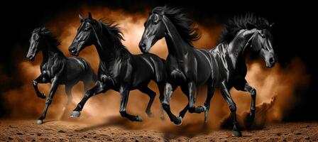 AI generated Horses galloping through dusty trail, dynamic scene of speed and freedom, panorama with copy space photo