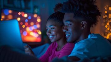 AI generated Happy multiracial young couple enjoying quality time together watching laptop on cozy sofa at home photo