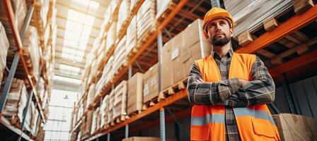 AI generated Experienced male warehouse worker in a spacious and well lit distribution center photo