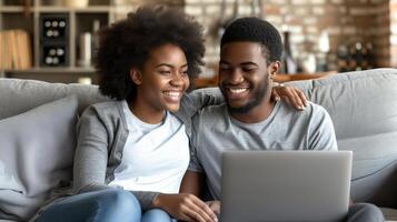 AI generated Multiracial young couple bonding, enjoying cozy time watching laptop on sofa at home photo