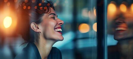 AI generated Smiling businesswoman in modern office meeting with copy space on blurred glass walls background photo