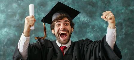 ai generado contento graduado con diploma en verde estudio fondo, Perfecto para publicidad con Copiar espacio foto