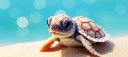 AI generated Tranquil sea turtle resting on sandy beach with stunning backdrop of blue ocean shore photo