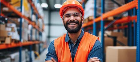 AI generated Portrait of male warehouse worker standing in a large bright distribution center photo