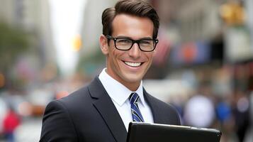 ai generado sonriente hermoso joven empresario caminando en ciudad centrar con borroso antecedentes foto