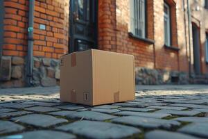 AI generated Cardboard package delivered near front door   online shopping delivery service concept photo