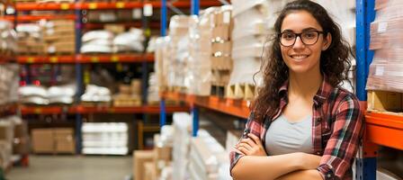 AI generated Confident female worker in brightly lit warehouse distribution center surrounded by products photo